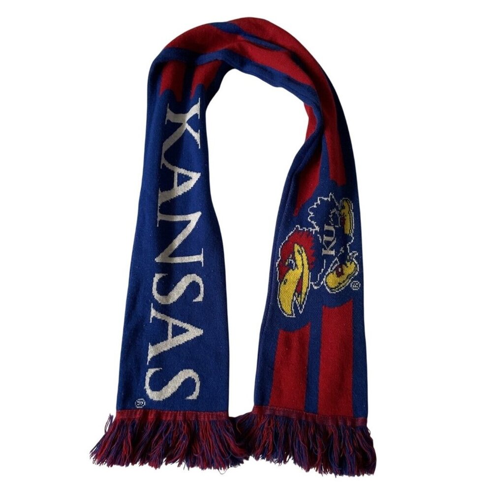 Kansas Jayhawks Knit Scarf Blue & Red With Fringes 57" Long College Basketball